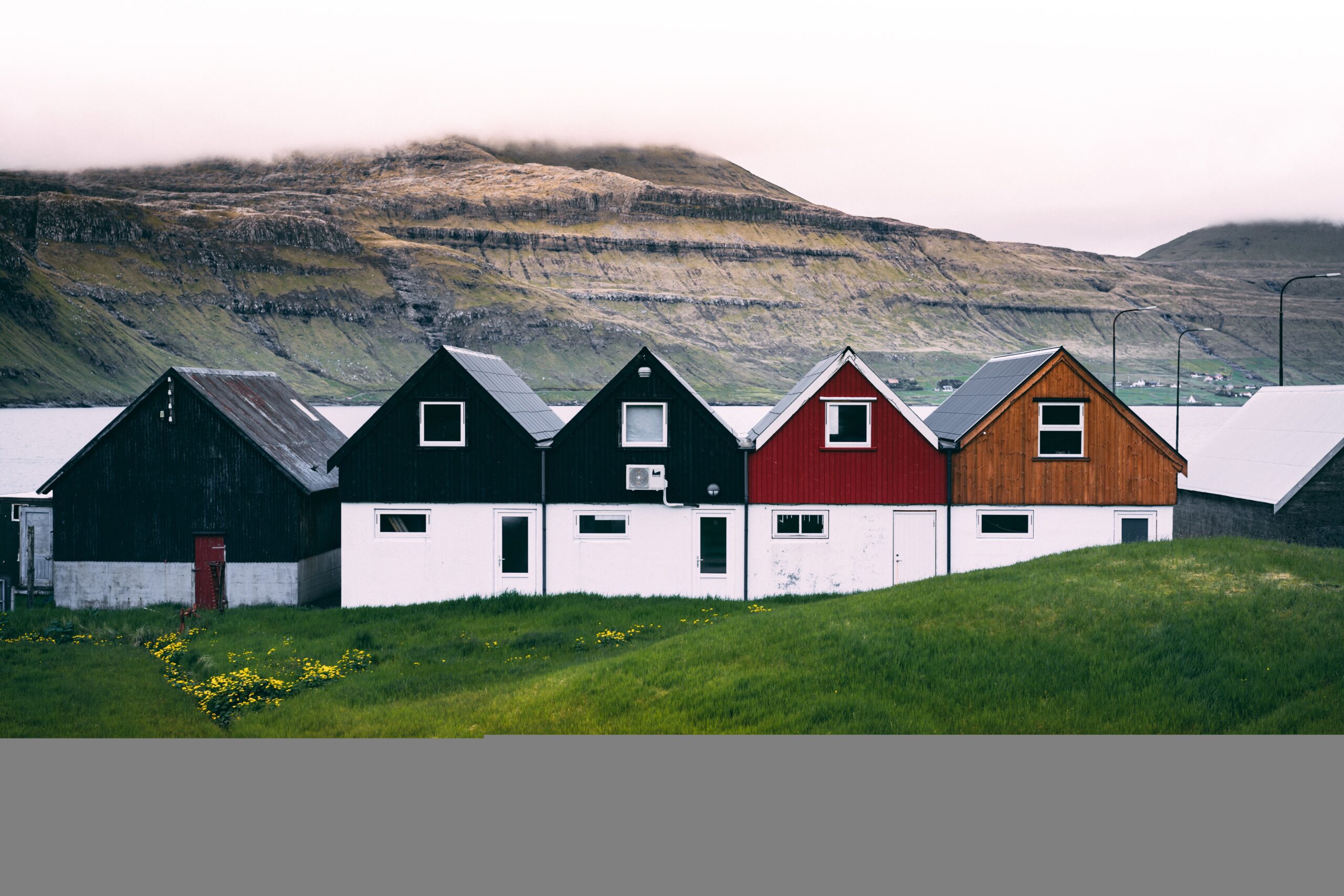 A horizontal view of colourful farmhouses at the coast on green grass ground