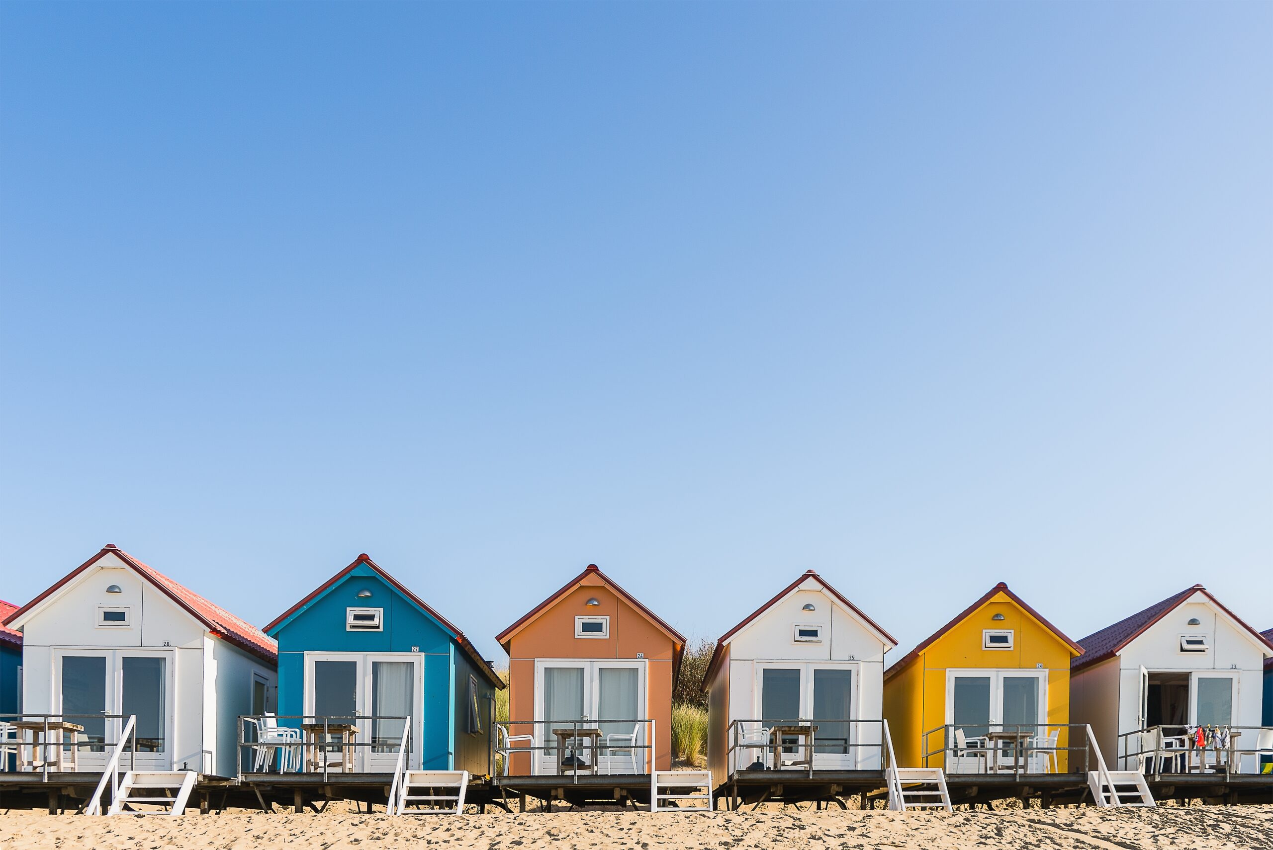 A wide angle shot of Camping De Nolle in Vlissingen, Netherlands under a blue sky